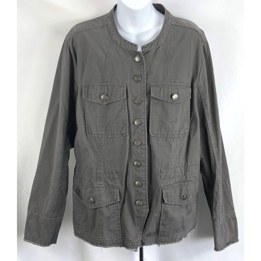 Retro Distressed Jacket L Gray ButtonUp Fringe Hem Grunge Punk moto utility Y2K